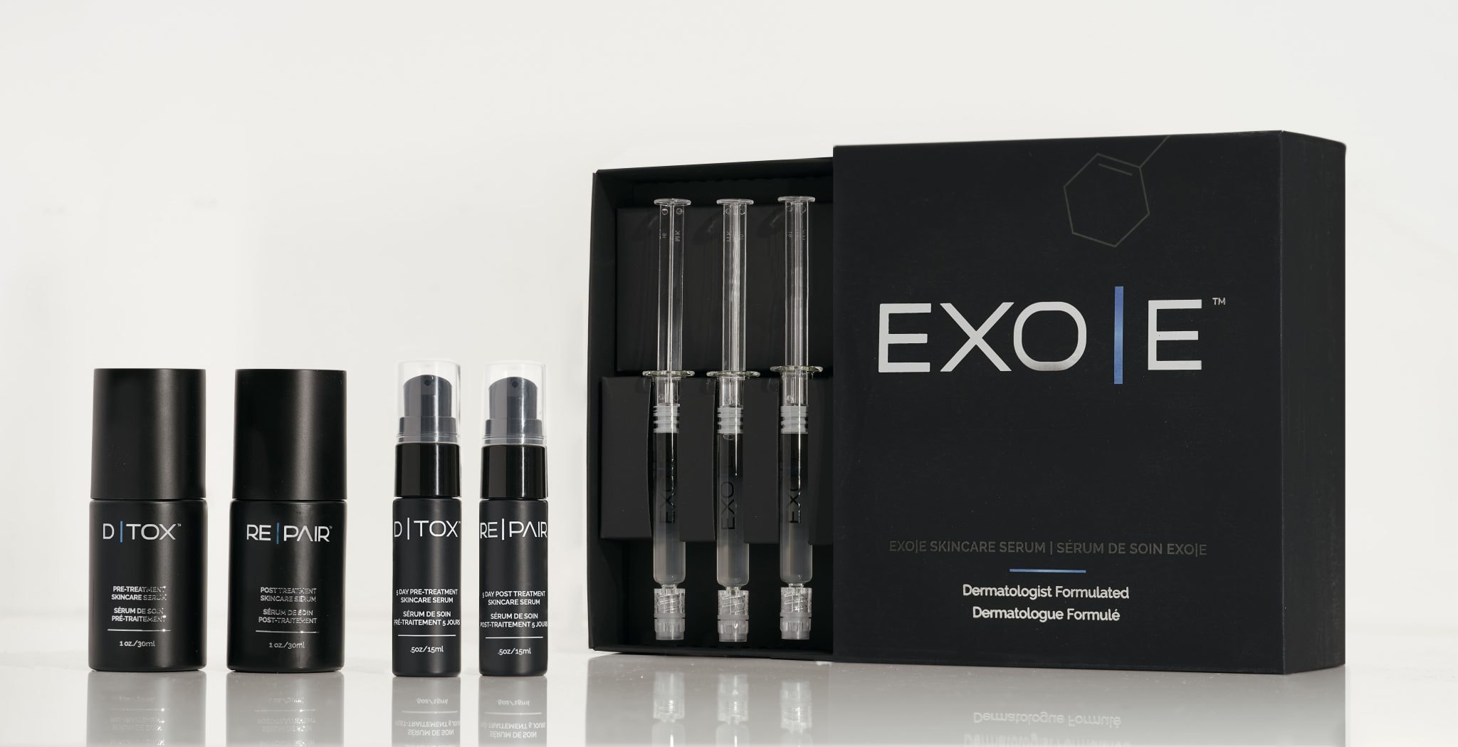 EXO|E skincare system — D|TOX, RE|PAIR serums and syringes kit