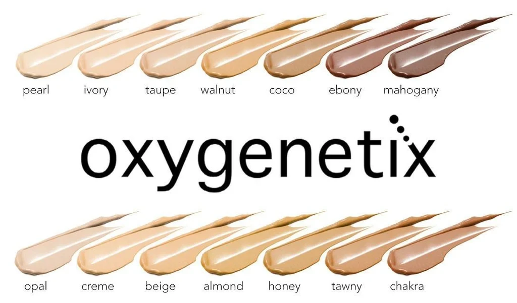 Oxygenetix foundation shade range — pearl, ivory, taupe, walnut, coco, ebony, mahogany, opal, creme, beige, almond, honey, tawny, chakra